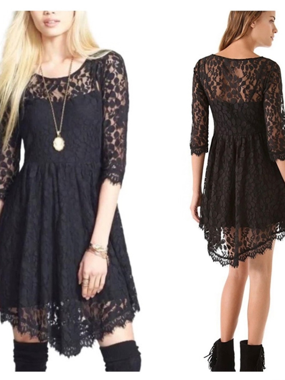 Free People Black Lace Fit & Flare Mini Dress Size 2 Boho Romantic 54643